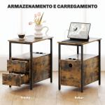 Mesa Auxiliar com Estação de Carga Entrada USB Tomada Elétrica 2 Gavetas e Prateleira 55x35x58,5 cm Marrom Rústico