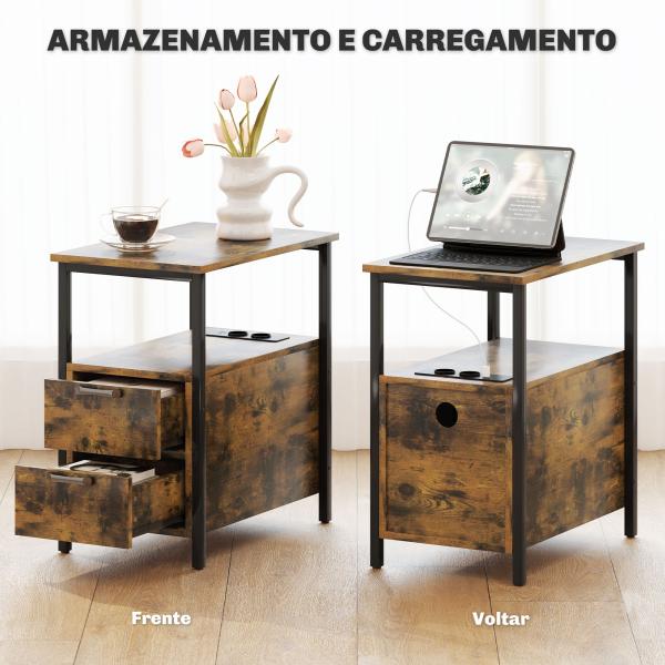 Mesa Auxiliar com Estação de Carga Entrada USB Tomada Elétrica 2 Gavetas e Prateleira 55x35x58,5 cm Marrom Rústico
