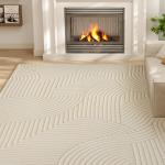Tapete Sala de Estar 160x120 cm Tapete Pelo Curto Estilo Moderno Base Antiderrapante Tecida à Máquina Creme