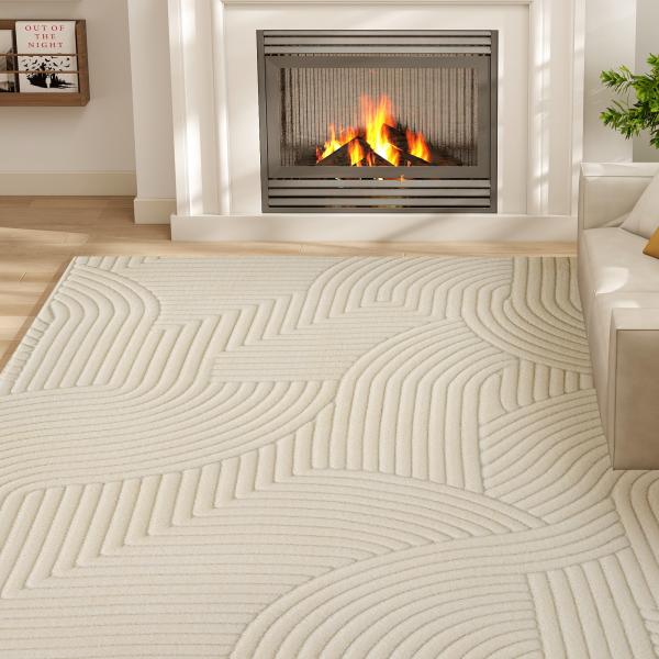 Tapete Sala de Estar 160x120 cm Tapete Pelo Curto Estilo Moderno Base Antiderrapante Tecida à Máquina Creme