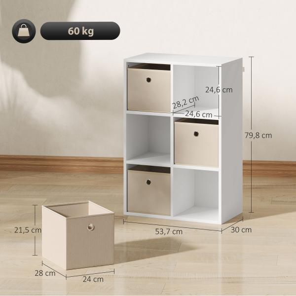 Estante Cubo Estante de Armazenamento Horizontal ou Vertical com 6 Compartimentos e 3 Gavetas de Tecido 53,7x30x79,8 cm Branco e Bege