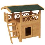 Casa para Gatos de Madeira 77x50x73cm com 2 Níveis Teto Asfáltico Terraço Cercado Caverna e Escada Madeira