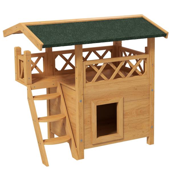 Casa para Gatos de Madeira 77x50x73cm com 2 Níveis Teto Asfáltico Terraço Cercado Caverna e Escada Madeira