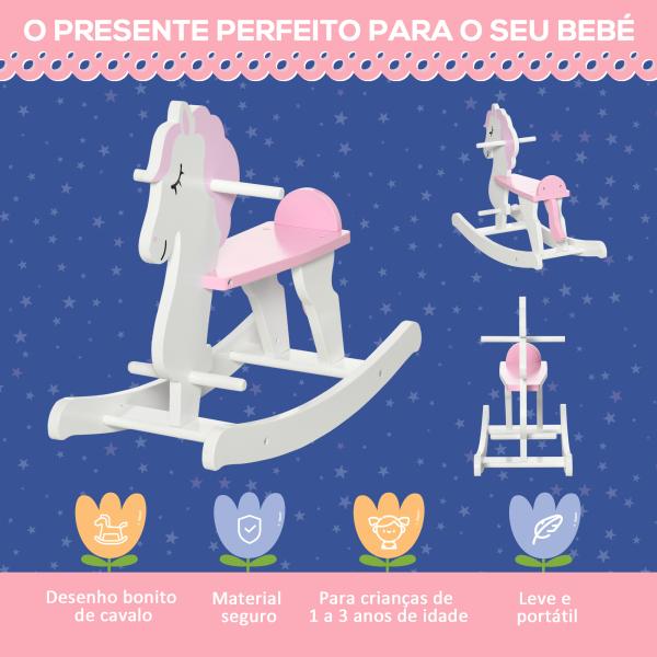 Cavalo Baloiço para Crianças de 1 - 3 Anos Cavalo Baloiço de Madeira com Guiador e Apoio para os Pés 68x27x46,5cm Branco e Rosa