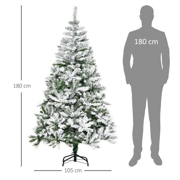 Árvore de Natal Artificial 180cm com Neve Ignífugo com 750 Ramos Folhas de PVC Base Dobrável Verde
