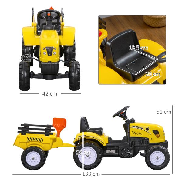 Trator a Pedais para Crianças acima de 3 Anos Trator com Reboque de Pedais para Crianças com Acessórios 133x42x51 cm Amarelo e Preto
