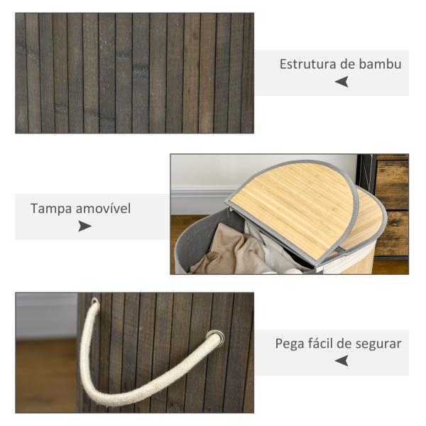 Cesto de Roupa de Bambu Capacidade de 100L com Tampa Rebatível e 2 Compartimentos 62,5x37x60,5cm Cinza e Madeira
