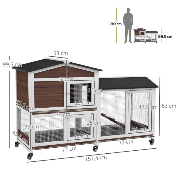 Casota para Coelhos para Exterior 157,4x53x99,5 cm Gaiola Grande com Rodas, Telhado Asfáltico, Tabuleiros Removíveis e Rampa Castanha