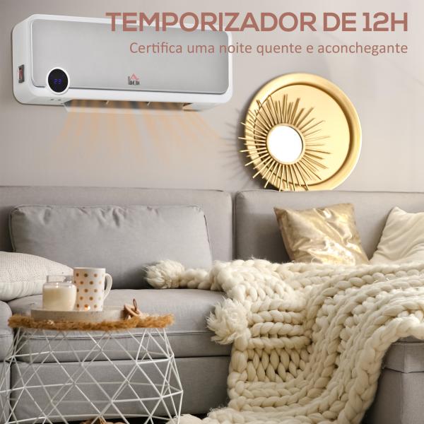 Aquecedor Cerâmico de Parede 1000W/2000W com Controle Remoto Tela LED Temporizador de 12h Termostato e Proteção contra Superaquecimento 56x18,5x11,7cm Branco