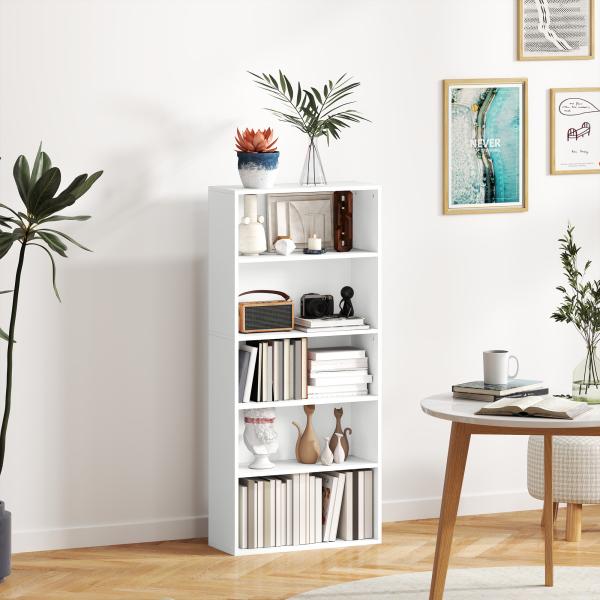 Estante de 5 Níveis Estante para Livros com 2 Prateleiras Ajustáveis para Sala de Estar Escritório Quarto 60x24x133,5 cm Branco
