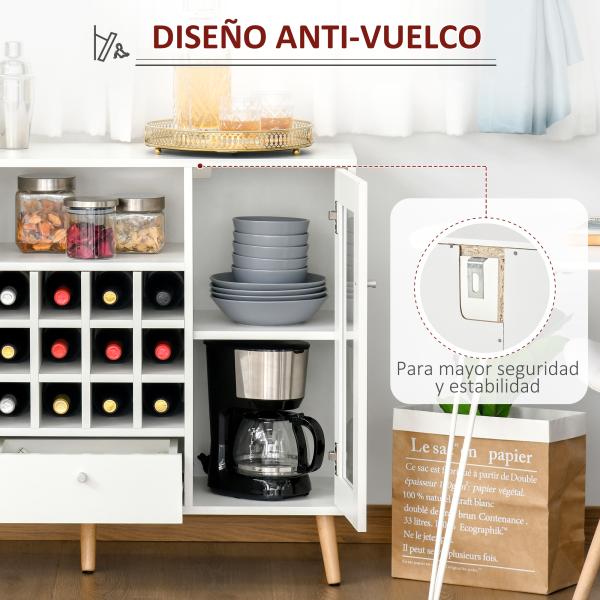 Aparador de Cozinha Armário de Armazenamento com 12 suportes para Garrafas e 3 Estantes Portas de vidro 100x33x80cm Branco