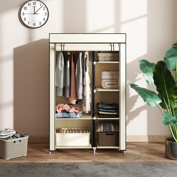 Roupeiro de Tecido Dobrável com 6 Prateleiras e 1 Barra de Pendurar para Dormitório Vestidor 103x43x162,5cm Creme