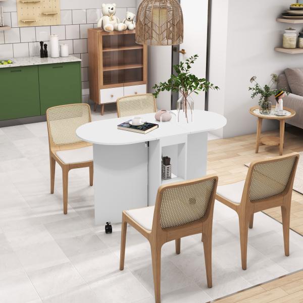 Mesa de Cozinha Dobrável com Rodas Laterais Rebatíveis e 2 Prateleiras Abertas Estilo Moderno 120x60x77 cm Branco
