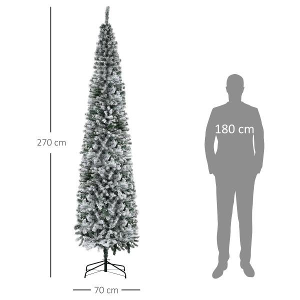 Árvore de Natal Estreita 270 cm com Efeito Neve, 1014 Ramos e Suporte Metálico, Verde e Branco