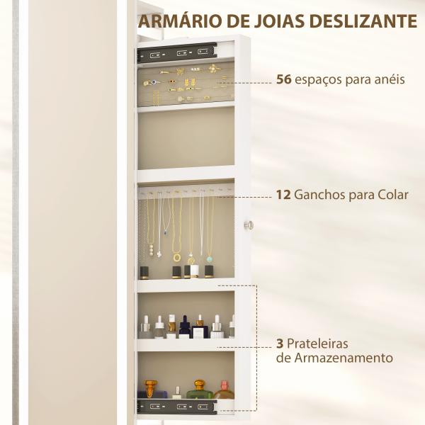 Espelho para Jóias com Luzes LED Espelho de Corpo Inteiro Rotativo 360° Prateleiras Abertas Barras para Pendurar Branco