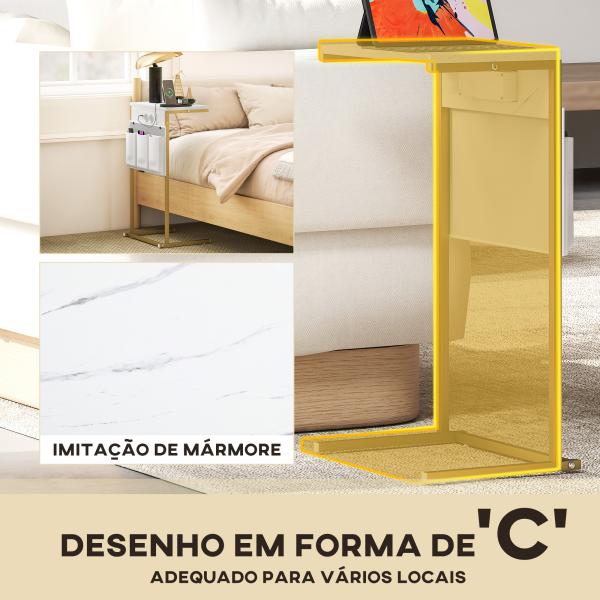 Mesa Auxiliar com Estação de Carga Mesa Lateral com 2 Entradas USB 1 Entrada USB - C e Bolsa Organizadora 25,5x40x71 cm Branco