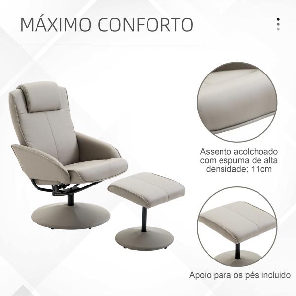 Poltrona Relax Reclinável até 145° com Banco de Apoio para os Pés Poltrona Giratória 360° Estofada em PU e Estrutura de Aço 78x67x98cm Cinza