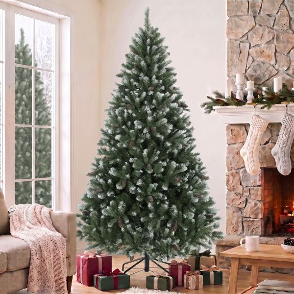 Árvore de Natal Artificial 180 cm com 802 Pontas Efeito Nevado, 59 Pinhas e Base Metálica Dobrável Verde e Branco