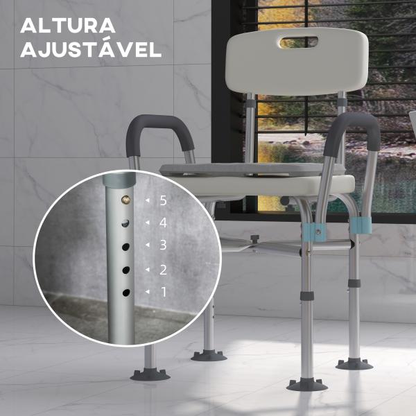 Cadeira de Duche para Idosos com Encosto Apoios de Braço Altura Ajustável Almofada Acolchoada Removível 53,5x52x80 - 90 cm Branco