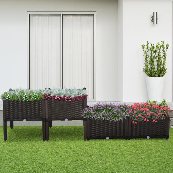 Conjunto de 4 Floreiras Quadradas Floreiras para Flores e Vegetais com Orifícios de Drenagem e Pés Altos 80x40x26 - 44 cm Marrom