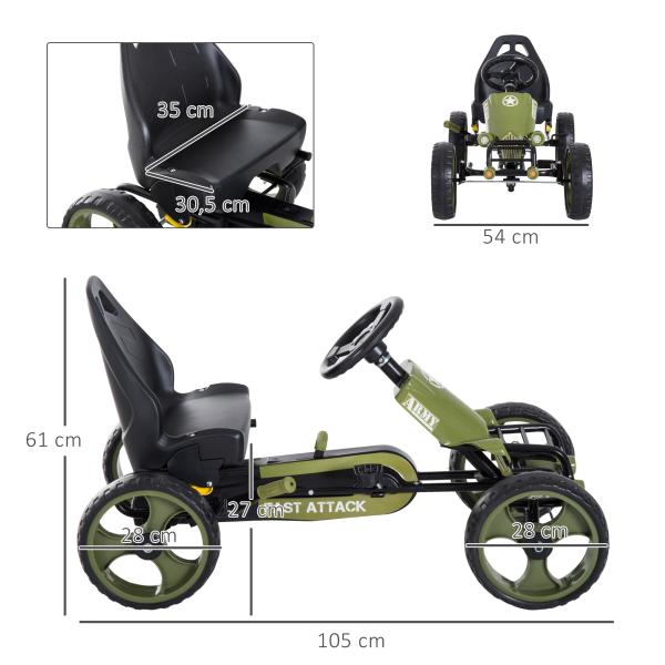 Go - Kart a pedais para crianças acima de 3 anos com freio embreagem assento ajustável máx. 35 kg 105x54x61cm Verde