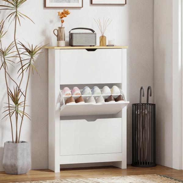 Sapateira Branca Estreita Armário Sapateiro Alto com 3 Gavetas para 18 Pares de Sapatos para Corredor 72x26x112 cm Branco