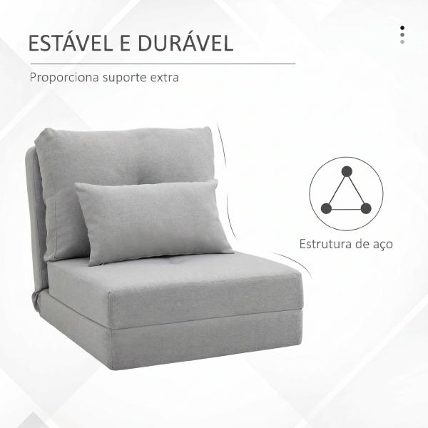 Sofá - Cama Individual Dobrável Revestido em Linho com Encosto Ajustável 5 Posições 1 Almofada Cinzento Claro