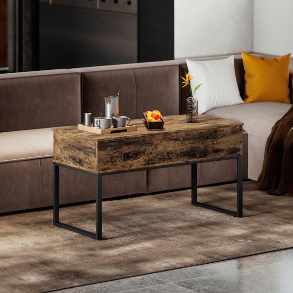 Mesa de Centro Elevatória com Bancada Deslizante Fecho Suave e Espaço Oculto de Arrumação 100x45x67 cm Castanho Rústico