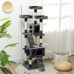 Arranhador para Gatos Grande 49x49x173 cm com Múltiplos Níveis Cavernas e Brinquedos Suspensos Cinza