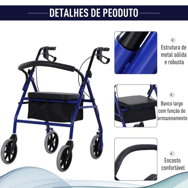 Andador para Adultos Dobrável com Armazenamento Assento e Travão 65x53x79 - 89cm Azul e Preto