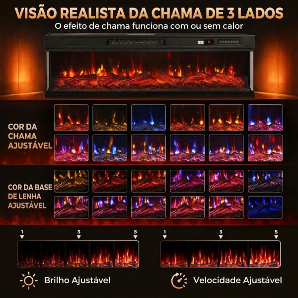 Lareira Elétrica de Encastrar ou Independente 750/1500W, 3 Lados, 12 Cores de Chama 3D, Termóstato, Telecomando, Preta