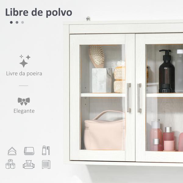 Armário Casa de Banho de Parede com 2 Portas de Vidro e Prateleira Móvel Suspenso de Casa de Banho 60x19,5x54cm Branco
