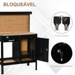 Bancada de Trabalho 98,5x48x140 cm Mesa de Trabalho com Painel Perfurado Gaveta Prateleira e Armário com Fechadura Preto