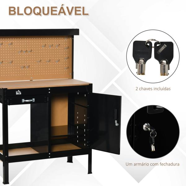 Bancada de Trabalho 98,5x48x140 cm Mesa de Trabalho com Painel Perfurado Gaveta Prateleira e Armário com Fechadura Preto