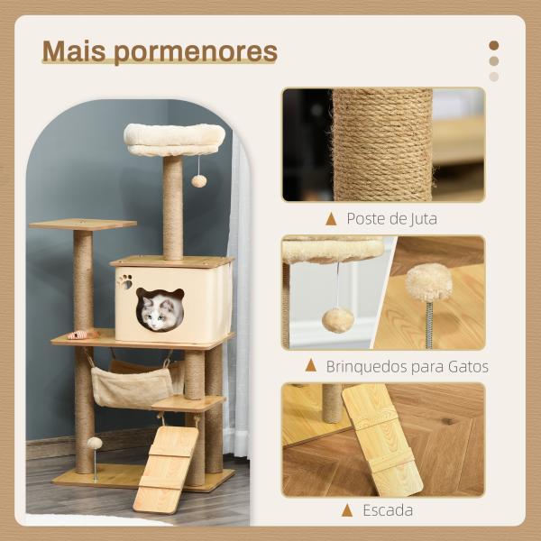 Árvore Arranhadora para Gatos Torre de Escalada com Plataformas Rede Escada Caverna Postes para Arranhar de Juta Bola Supensa e Descanso 60x40x130cm Bege