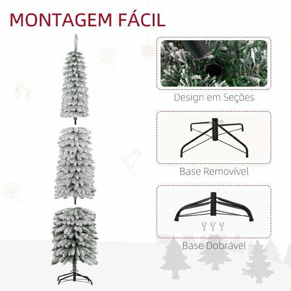 Árvore de Natal Estreita Nevada 240 cm com 603 Ramos e Suporte Metálico Dobrável para Sala de Estar, Interior, Verde