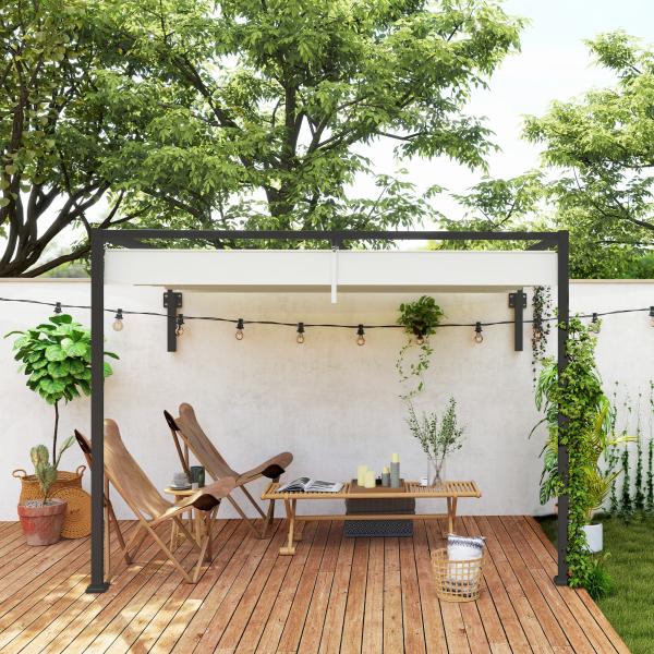 Pérgola de Parede 297x211x220 cm Pérgola de Jardim com Teto Retrátil e Estrutura de Aço Pérgola Creme