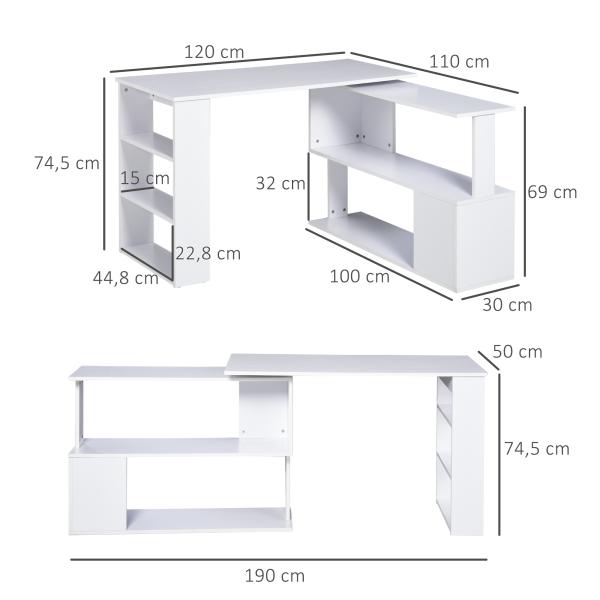 Secretária com Estantes Mesa de escritório 5 Prateleiras 120x110x74cm Branco