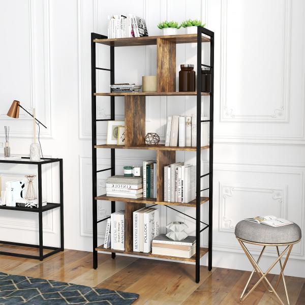 Estante para Livros de 4 Níveis com 8 Compartimentos de Armazenamento Estilo Industrial para Sala de Estar Escritório Dormitório 74x30x157,5cm Marrom Rústico