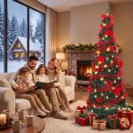 Árvore de Natal Artificial 180 cm com 150 Luzes LED 200 Ramos 11 Modos Bolas Fitas e Suporte Dobrável Verde e Vermelho