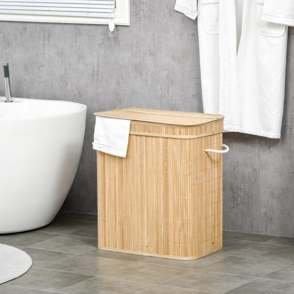 Cesto de Roupa Suja 90L em Bambu com 2 Compartimentos Alças e Bolsa Interna Removível 54,2x35,2x59,5 cm Madeira