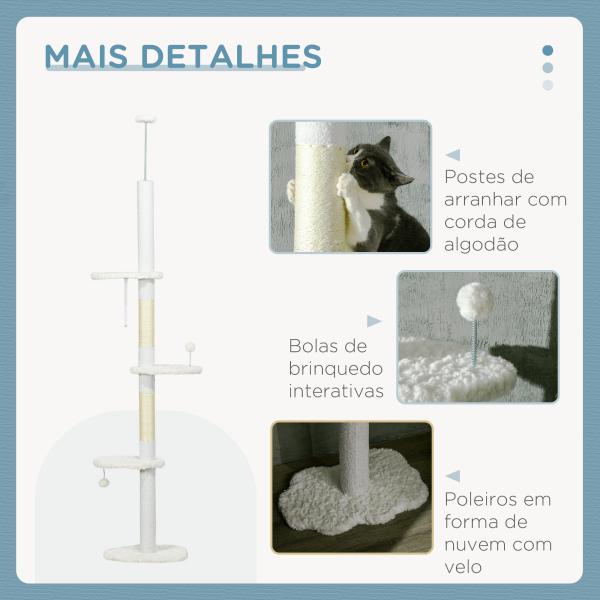 Arranhador para Gatos do Chão ao Teto com Altura Ajustável e 3 Plataformas em Forma de Nuvem 48x32x225 - 255 cm Branco