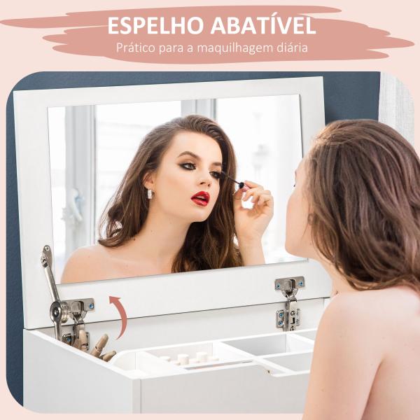 Toucador com Banco Oculto e Espelho Rebatível Mesa de Maquilhagem com Gaveta e 7 Compartimentos Banco Acolchoado Branco