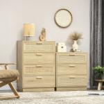 Cómoda com 3 Gavetas de Vime Cómoda de Madeira para Dormitório Sala de Estar Estilo Boêmio 60x38x69 cm Madeira