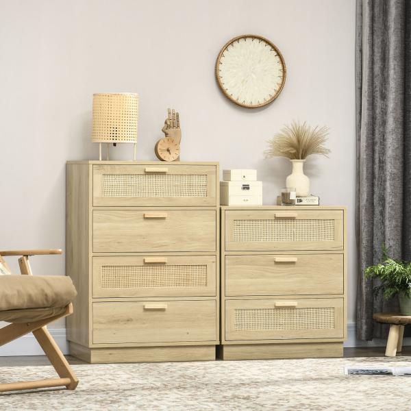 Cómoda com 3 Gavetas de Vime Cómoda de Madeira para Dormitório Sala de Estar Estilo Boêmio 60x38x69 cm Madeira
