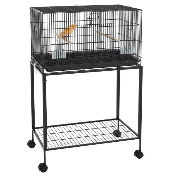 Gaiola para Pássaros com Rodas 77x46x119 cm Bandeja Amovível 2 Poleiros 2 Comedouros e Prateleira de Armazenamento Preto
