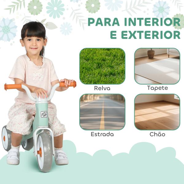 Bicicleta sem Pedais para Crianças dos 12 aos 36 Meses Bicicleta de Equilíbrio com Guiadores com Rotação Limitada a 60° 69x40x49 cm Verde