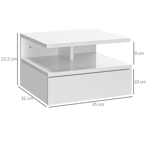 Conjunto de 2 Mesas de Cabeceira Flutuante com 1 Gaveta e Prateleira Aberta Montado na Parede 35x32x22,5 cm Branco