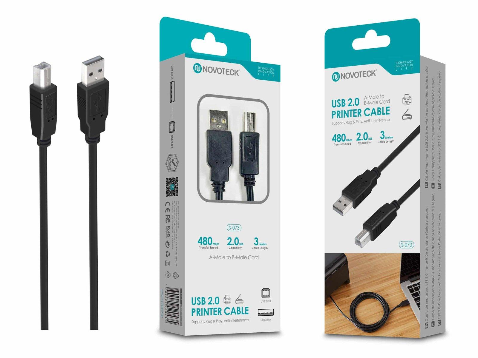 Cabo de Impressora USB 2.0 Alta Velocidade, Plug & Play, 3m Novoteck S-073