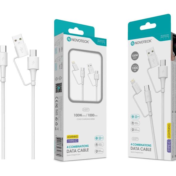 Cabo de Dados 4 em 1 Novoteck S-077 - Carregamento Rápido 100W, Lightning/Type-C, 1m
